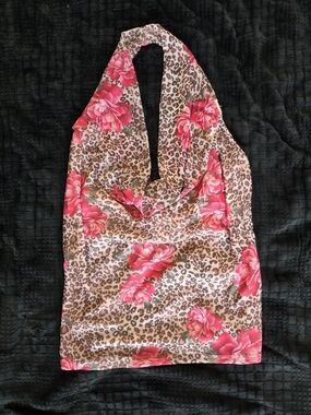 Vintage LA Express Y2K Cowl Neck Halter Top – Leopard & Pink Rose Mesh Cami